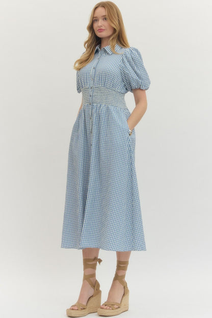 Gingham Puff Sleeve Midi Dress