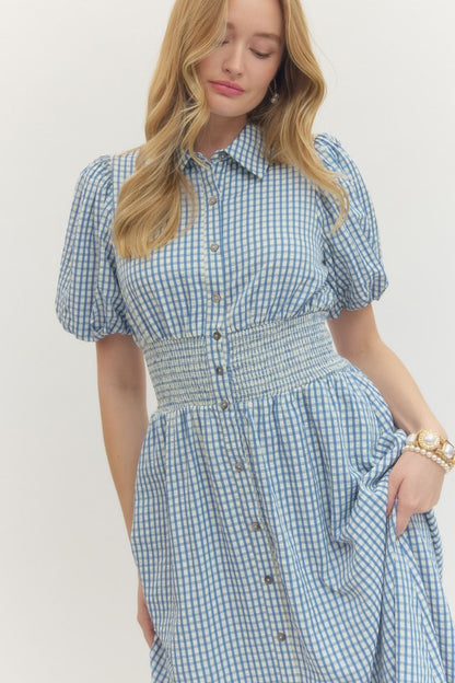 Gingham Puff Sleeve Midi Dress