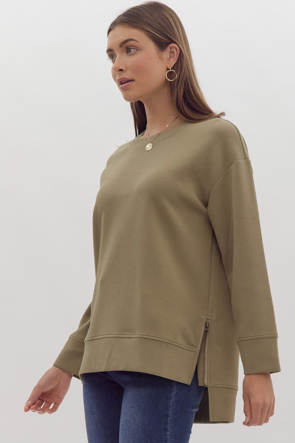 Round Neck Zipper Hem Pullover