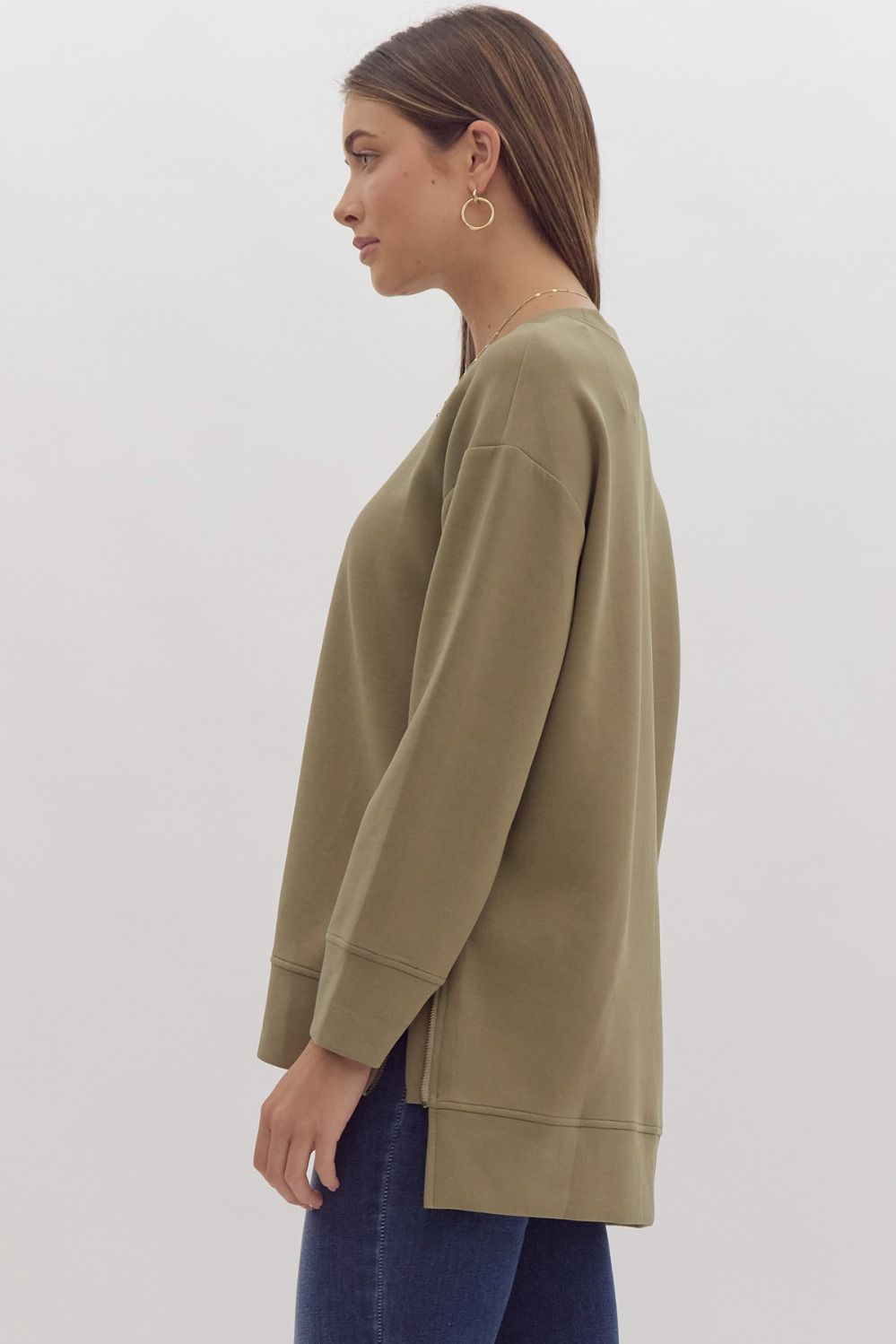 Round Neck Zipper Hem Pullover