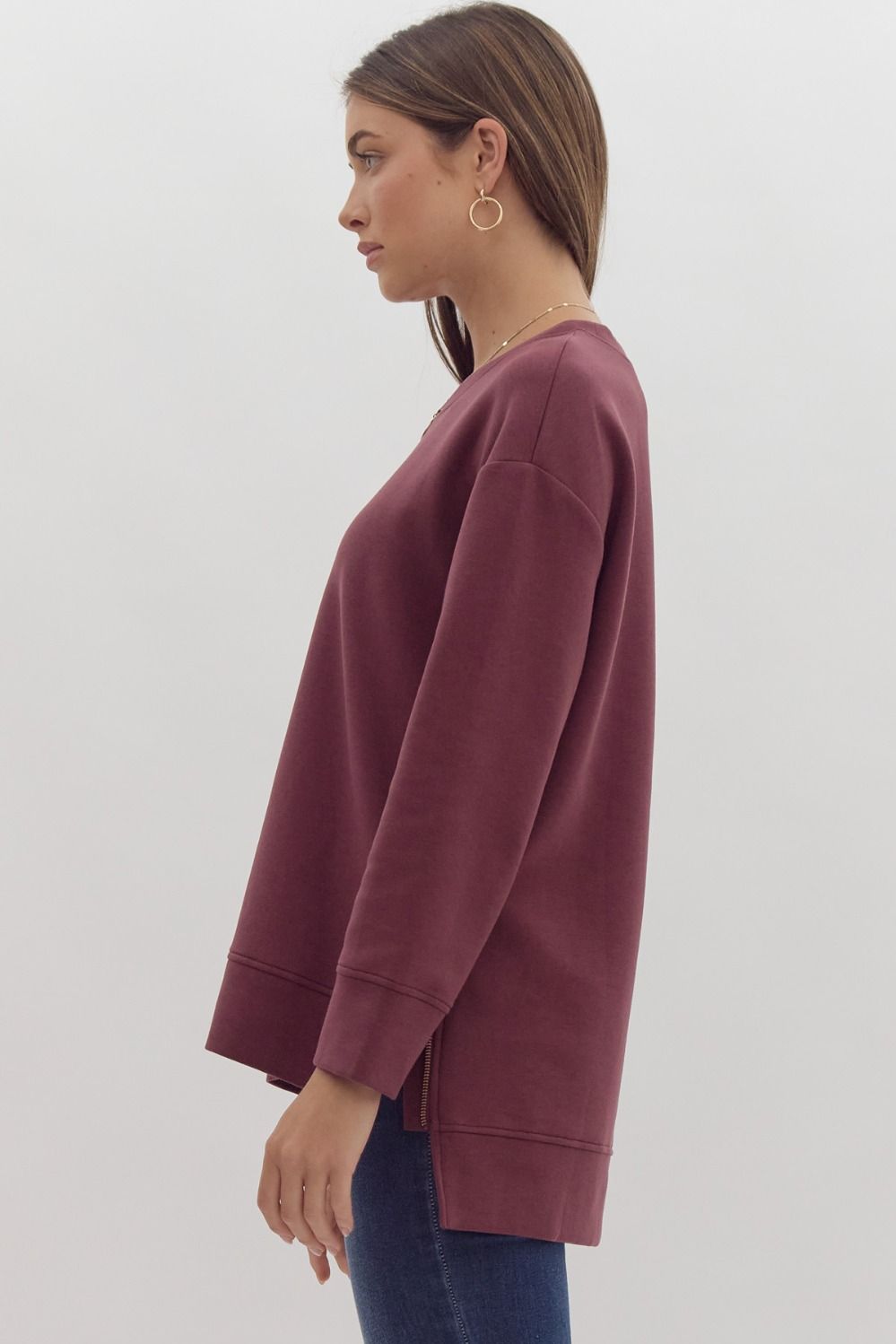 Round Neck Zipper Hem Pullover