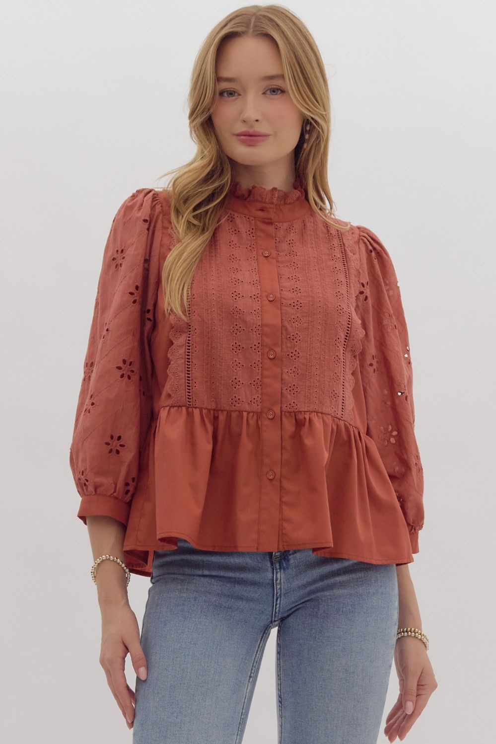 Eyelet Lace Ruffle Button Up