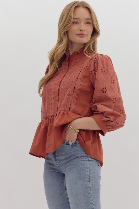 Eyelet Lace Ruffle Button Up