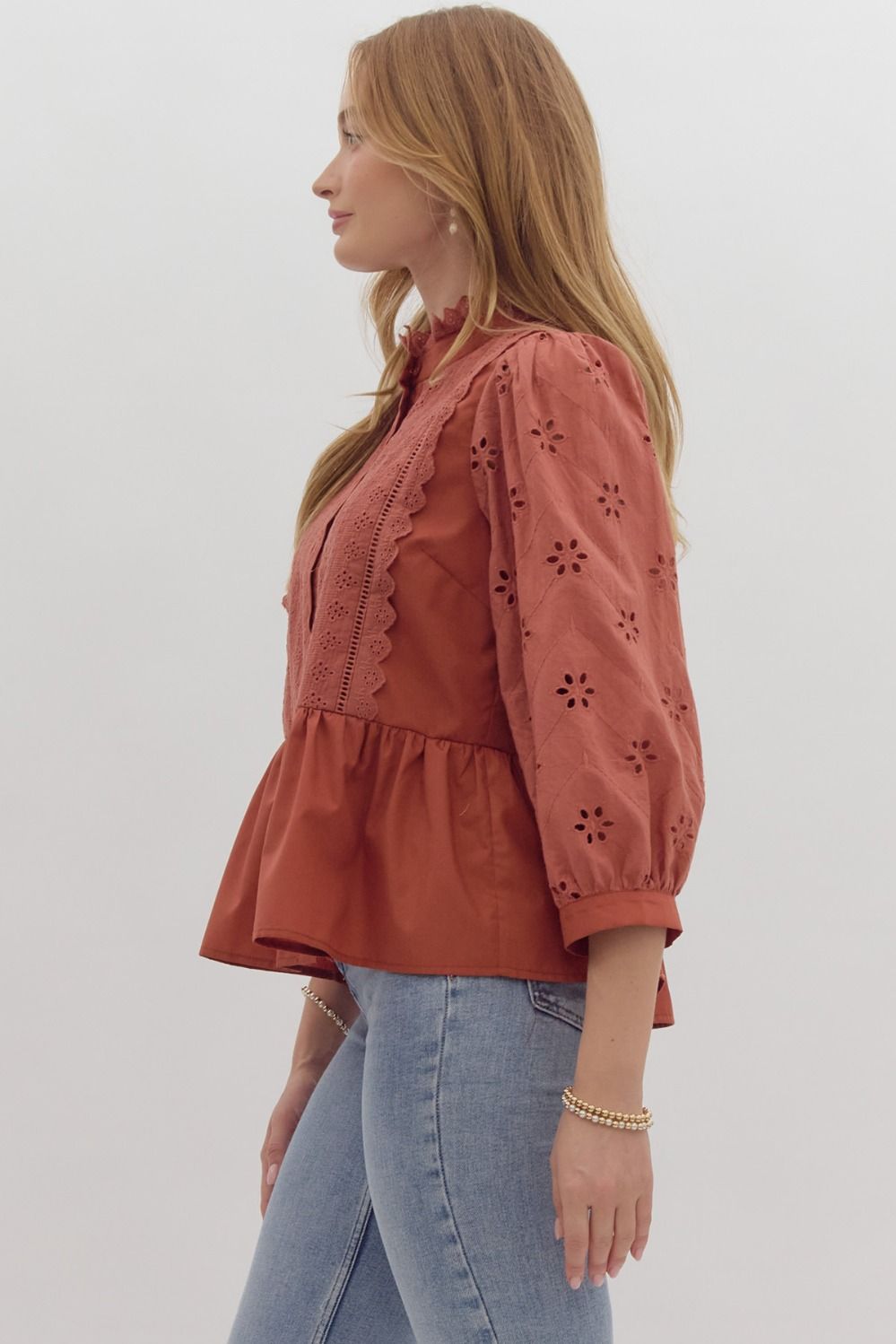 Eyelet Lace Ruffle Button Up