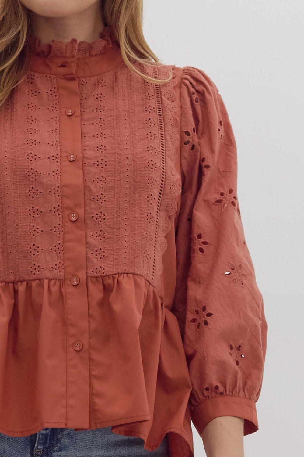 Eyelet Lace Ruffle Button Up