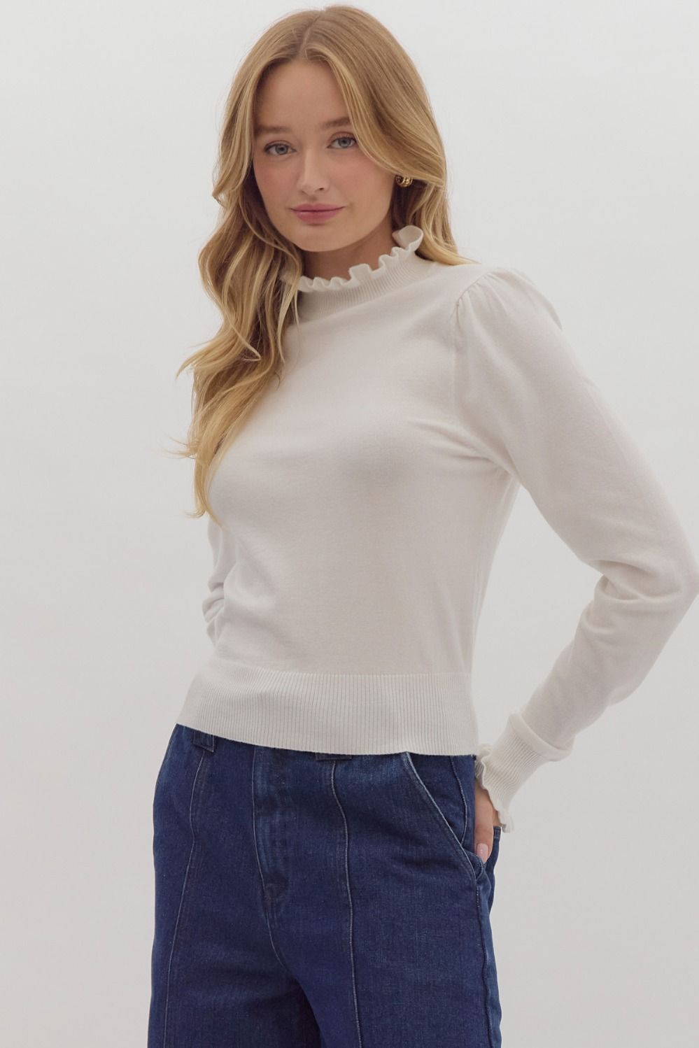 Frill Neck Long Sleeve Knit Sweater