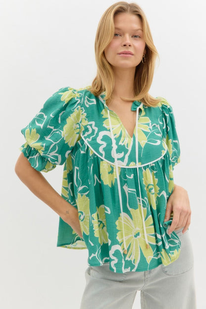 Floral Ruffle Tie Neck Blouse