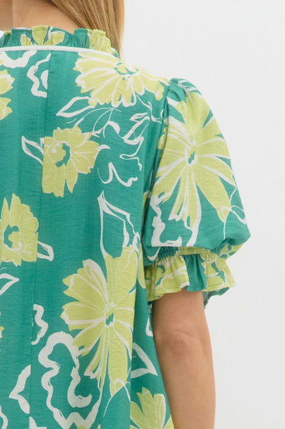 Floral Ruffle Tie Neck Blouse