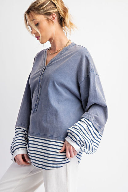 Mineral Wash Striped Button Top