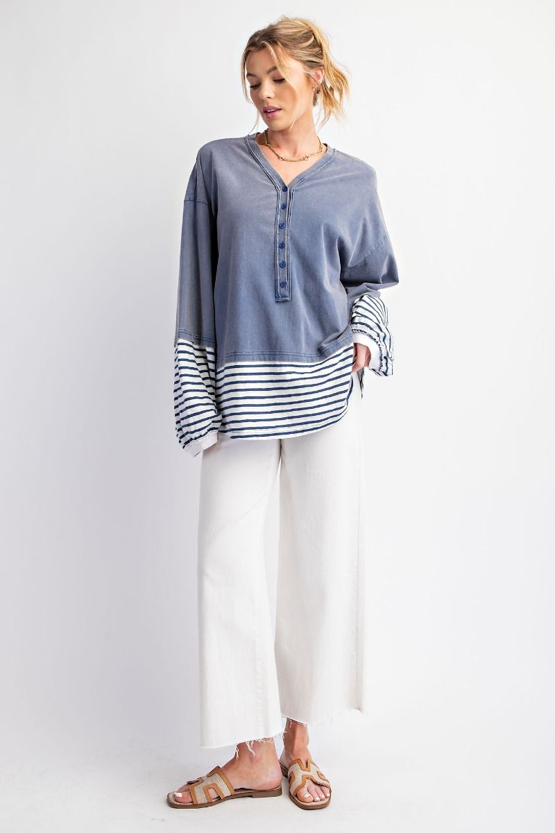 Mineral Wash Striped Button Top