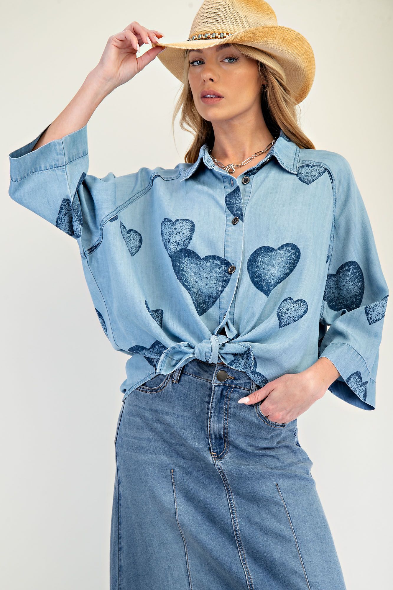 Heart Print Denim Button Down