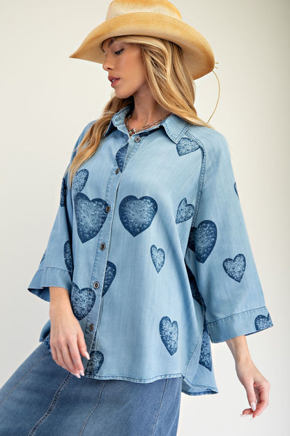 Heart Print Denim Button Down