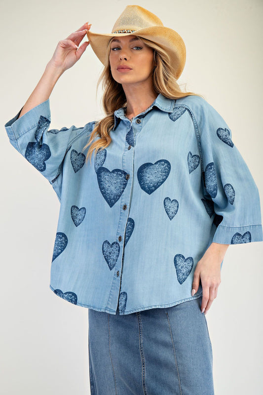 Heart Print Denim Button Down