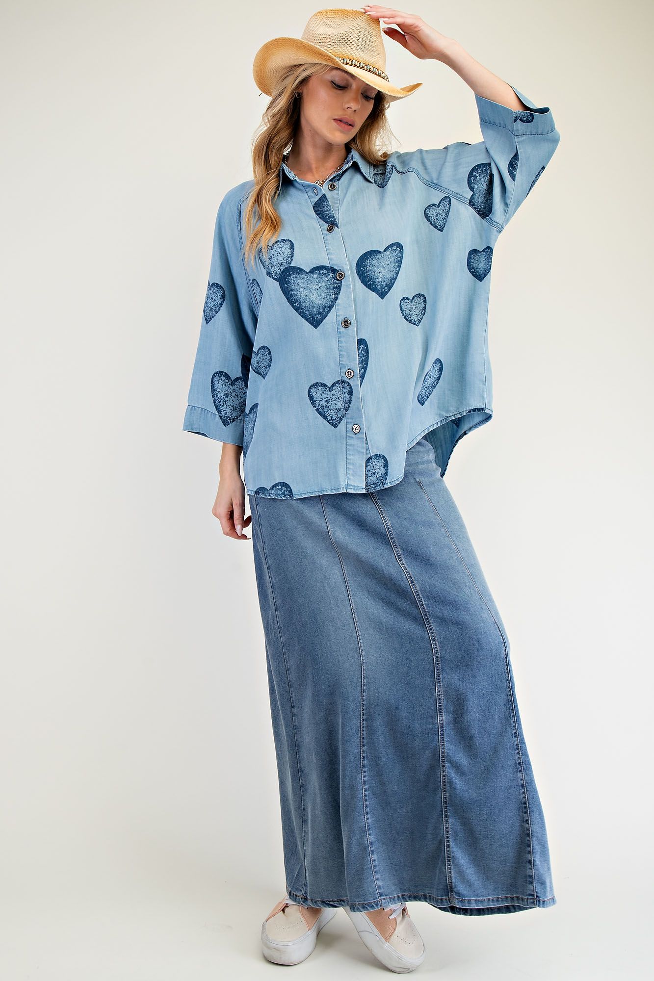 Heart Print Denim Button Down