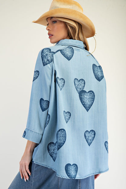 Heart Print Denim Button Down