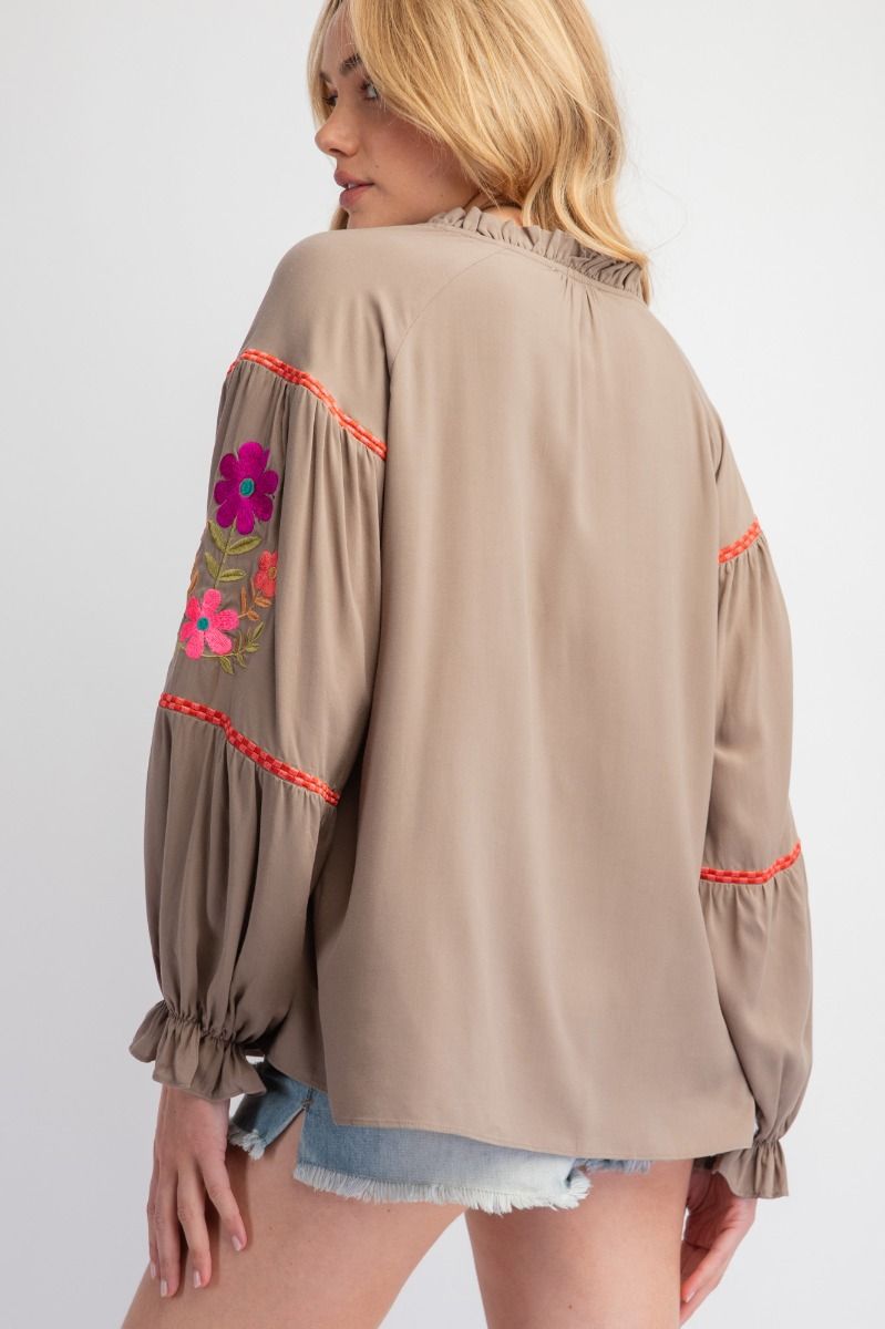 Long Sleeve Olive Embroidery Blouse