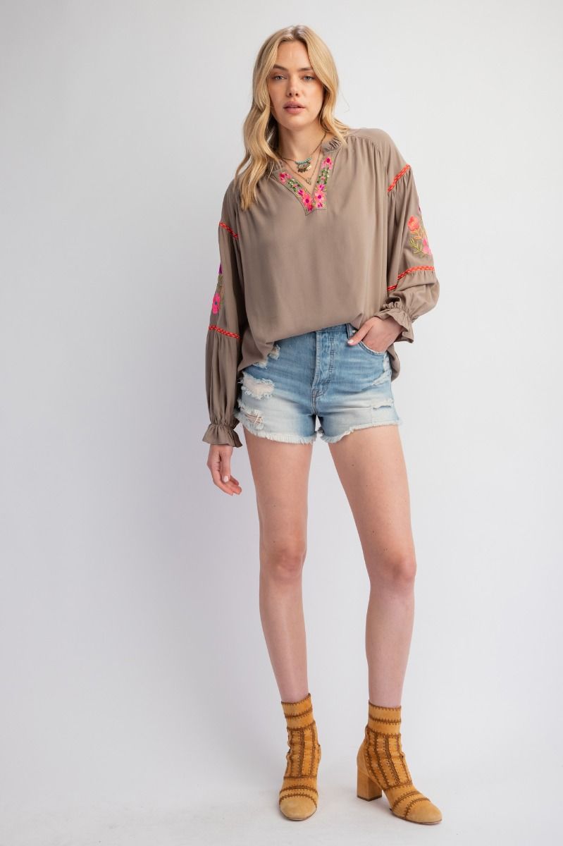 Long Sleeve Olive Embroidery Blouse