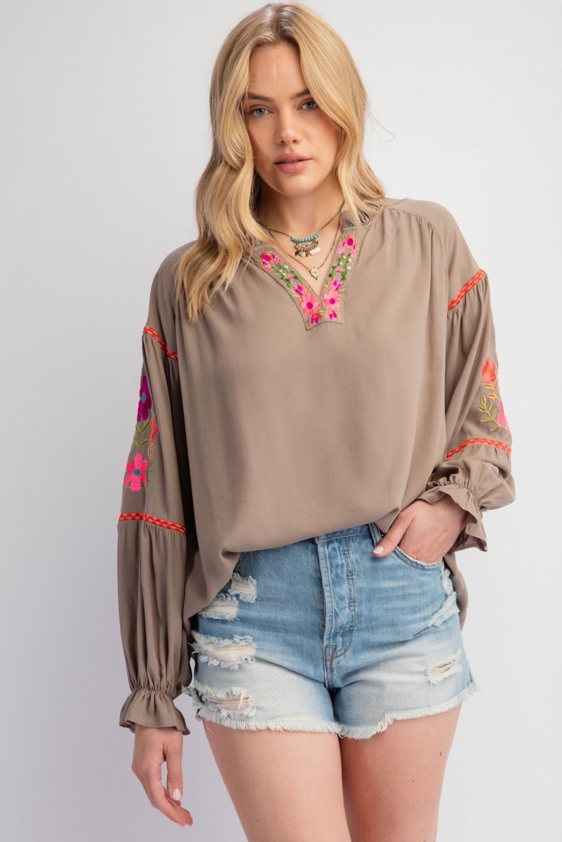 Long Sleeve Olive Embroidery Blouse