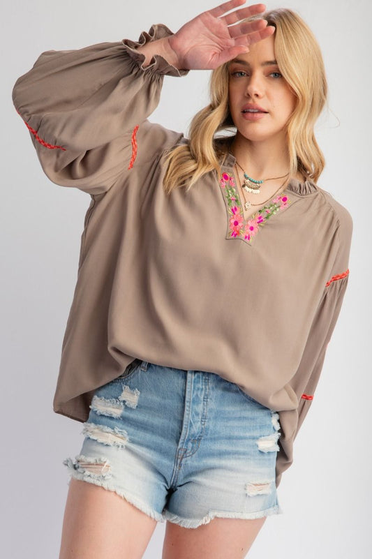 Long Sleeve Olive Embroidery Blouse