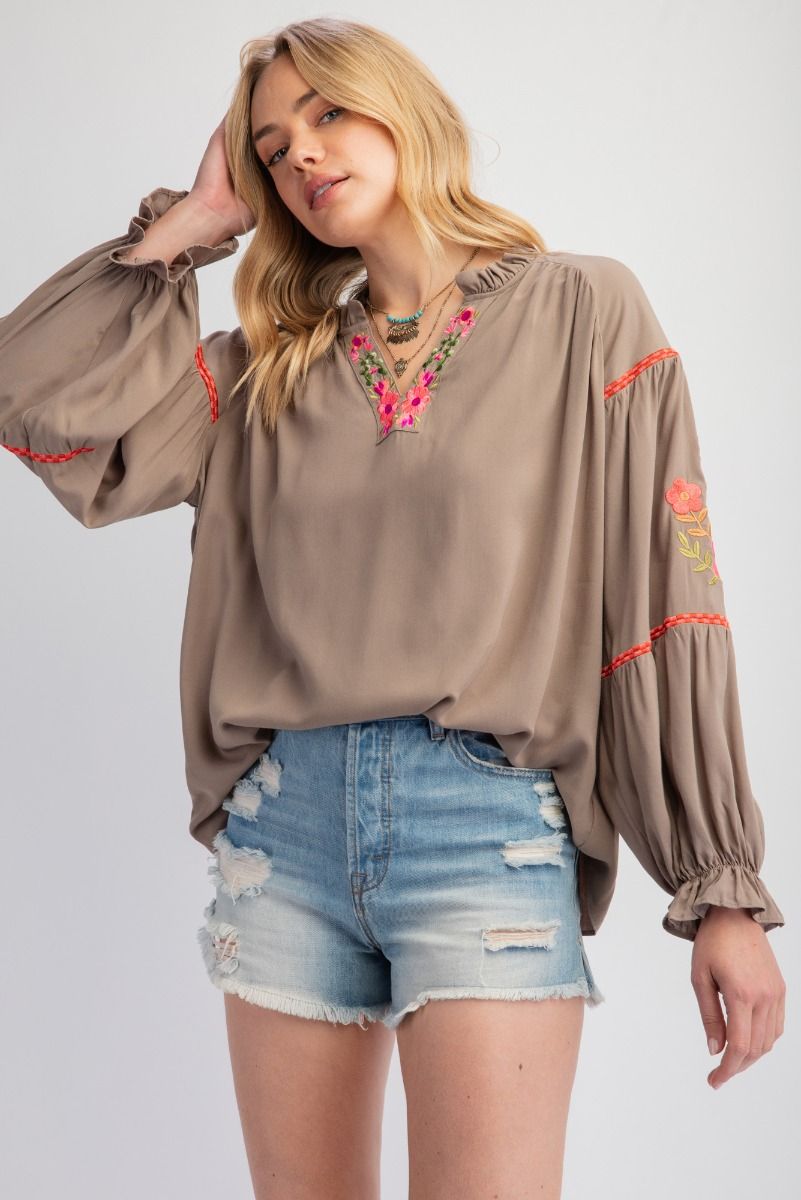 Long Sleeve Olive Embroidery Blouse