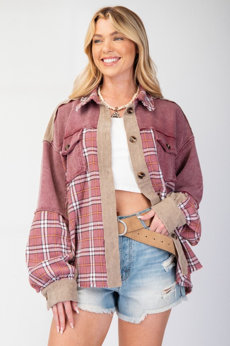 Plaid Mix Corduroy Button Down Shacket