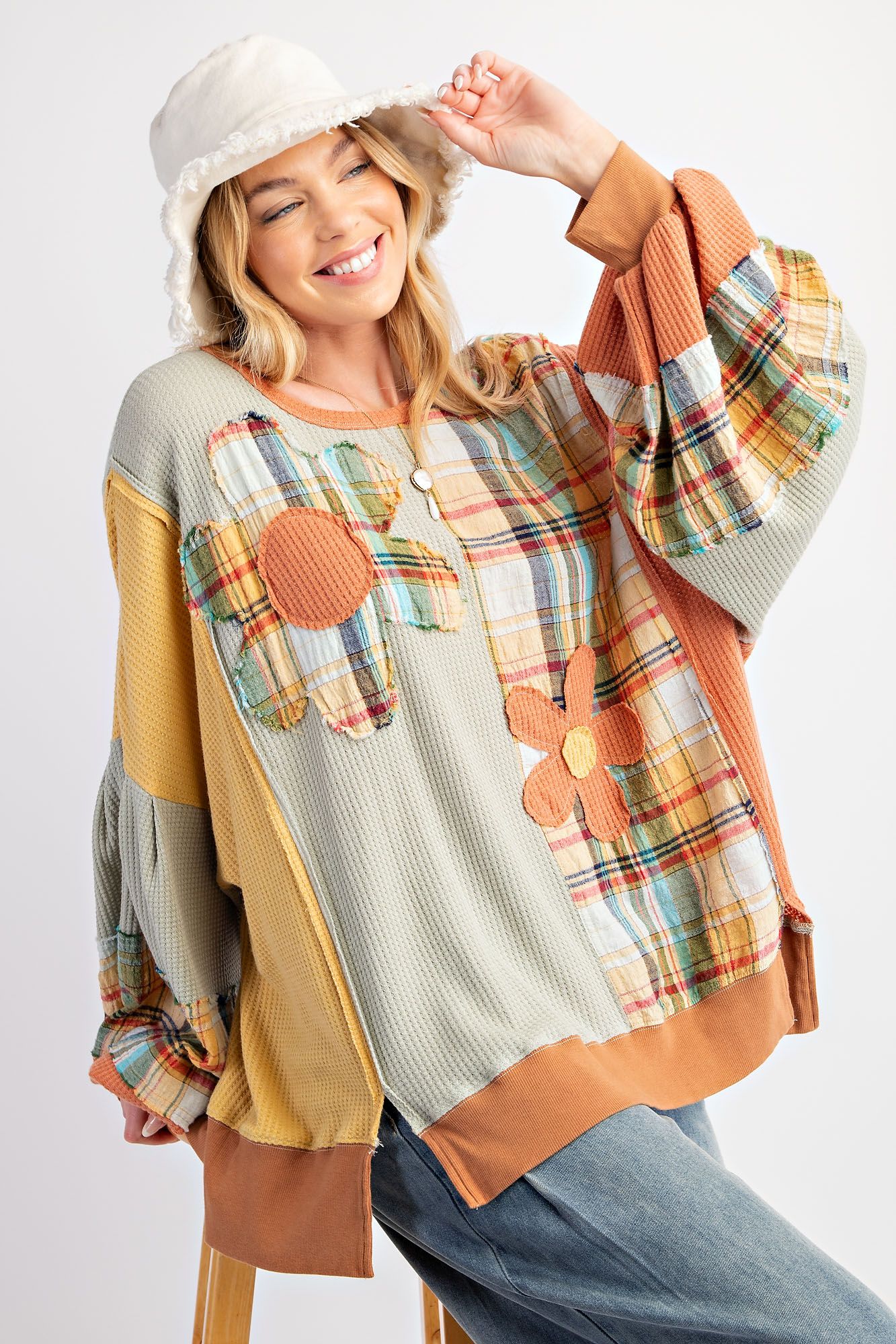 Plaid Mix Daisy Patch Pullover