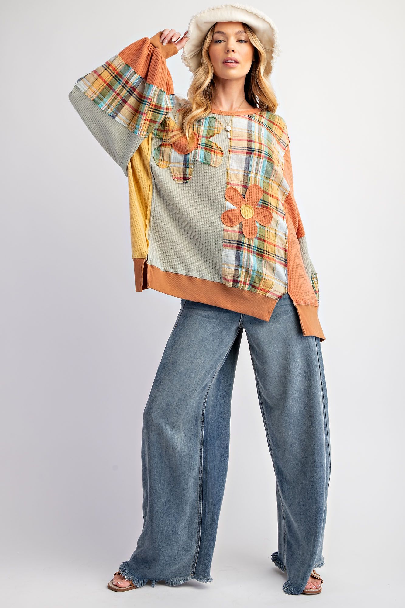 Plaid Mix Daisy Patch Pullover