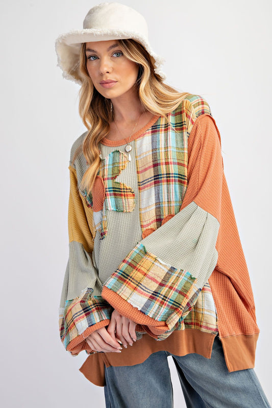 Plaid Mix Daisy Patch Pullover