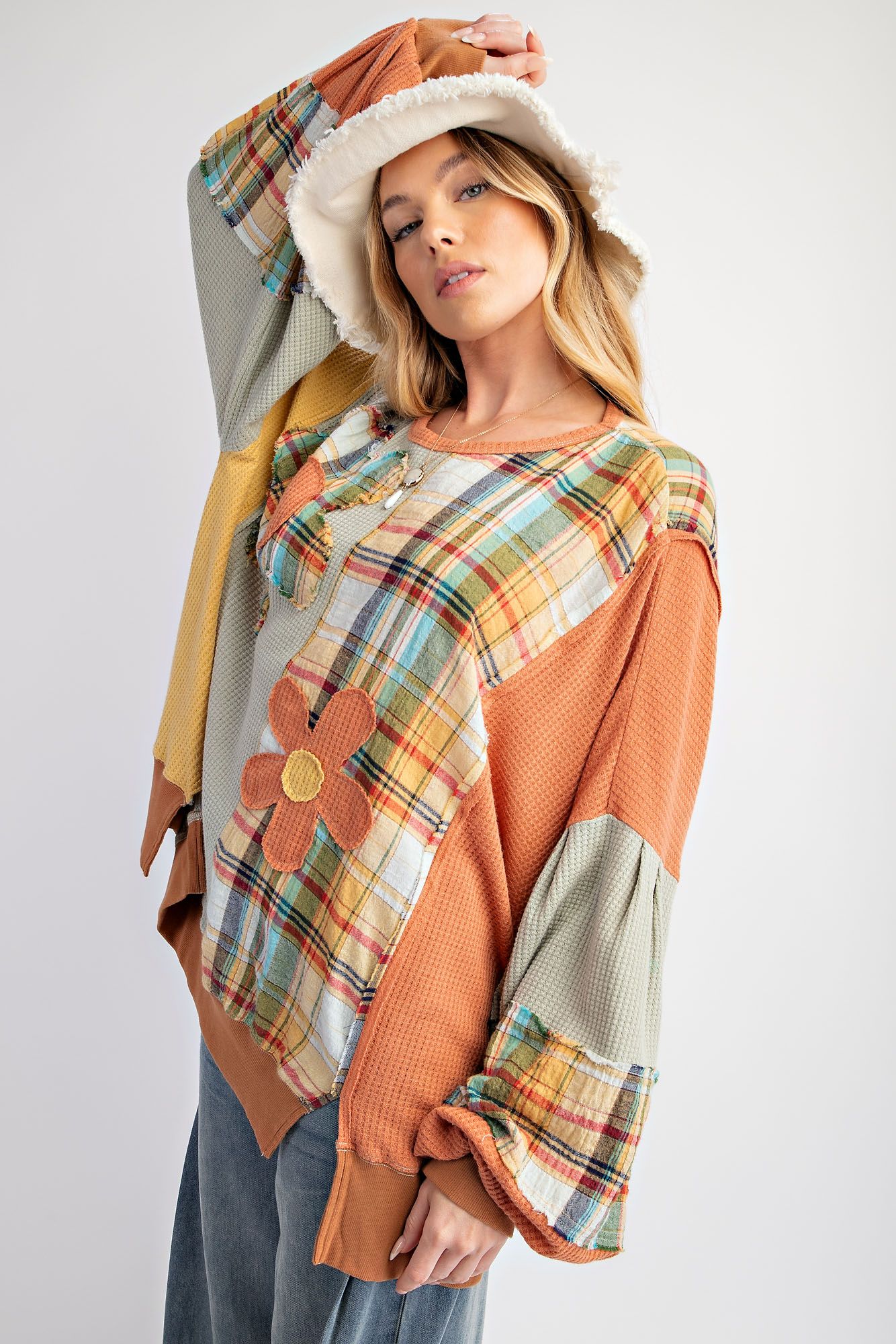 Plaid Mix Daisy Patch Pullover