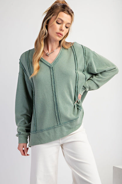 Long Sleeve Mineral Wash V Neck