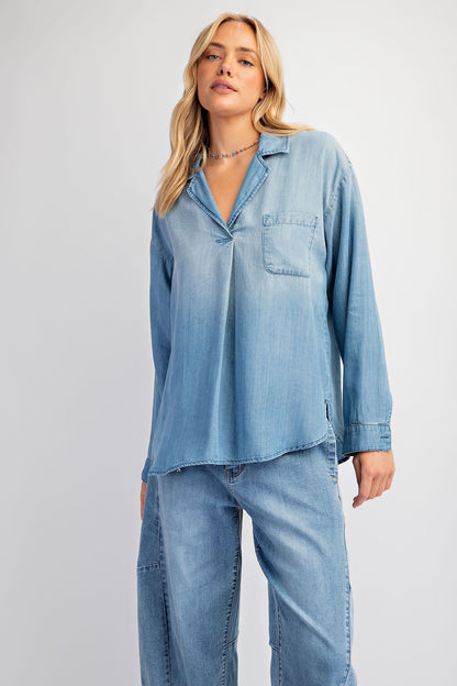 Washed Denim V-Neck Top