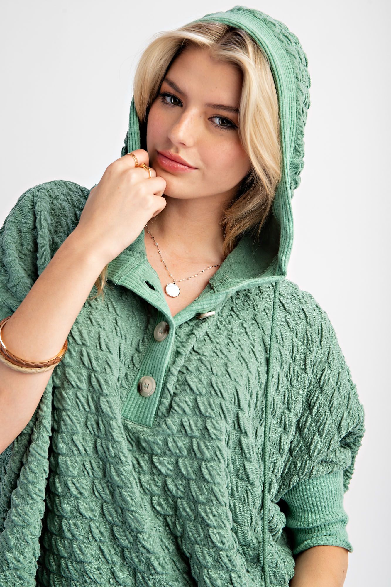 Puff Textured Poly Hacci Hoodie Pullover