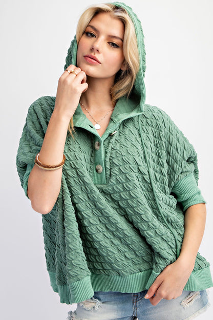 Puff Textured Poly Hacci Hoodie Pullover