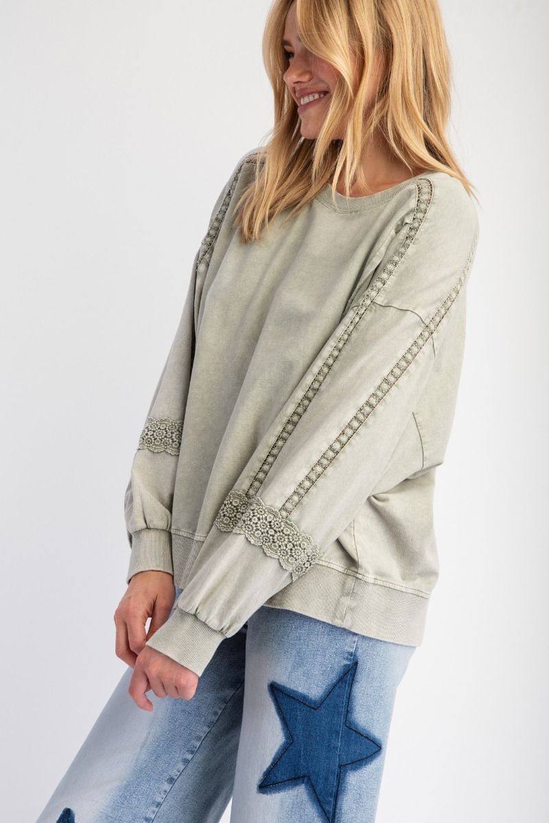 Washed Crochet Lace Terry Knit Pullover