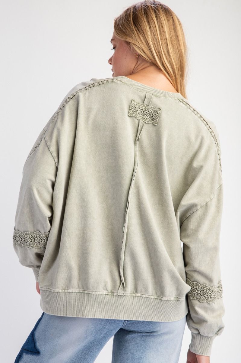 Washed Crochet Lace Terry Knit Pullover