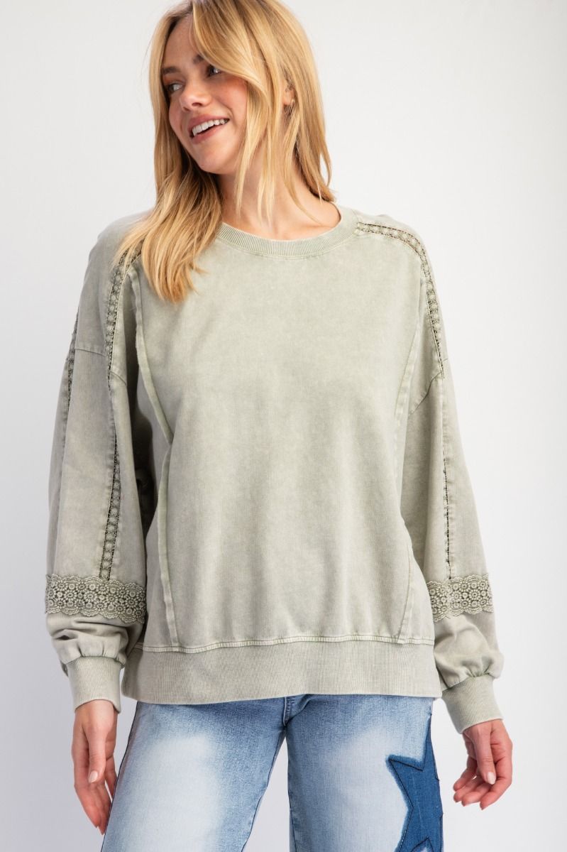 Washed Crochet Lace Terry Knit Pullover