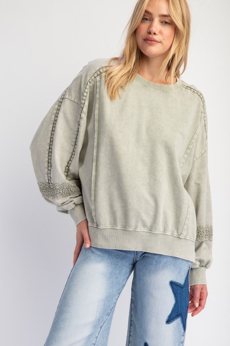 Washed Crochet Lace Terry Knit Pullover