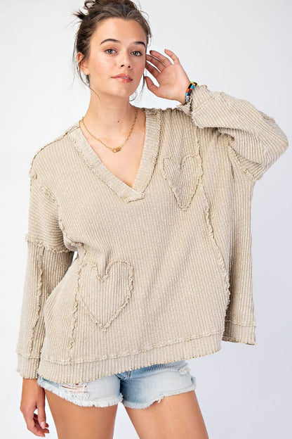 Heart Patch Rib Knit Pullover