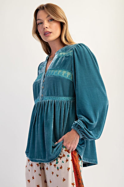 Velvet Balloon Sleeve Blouse