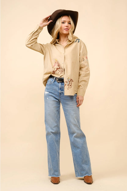 Cowgirl Motif Linen Button Up