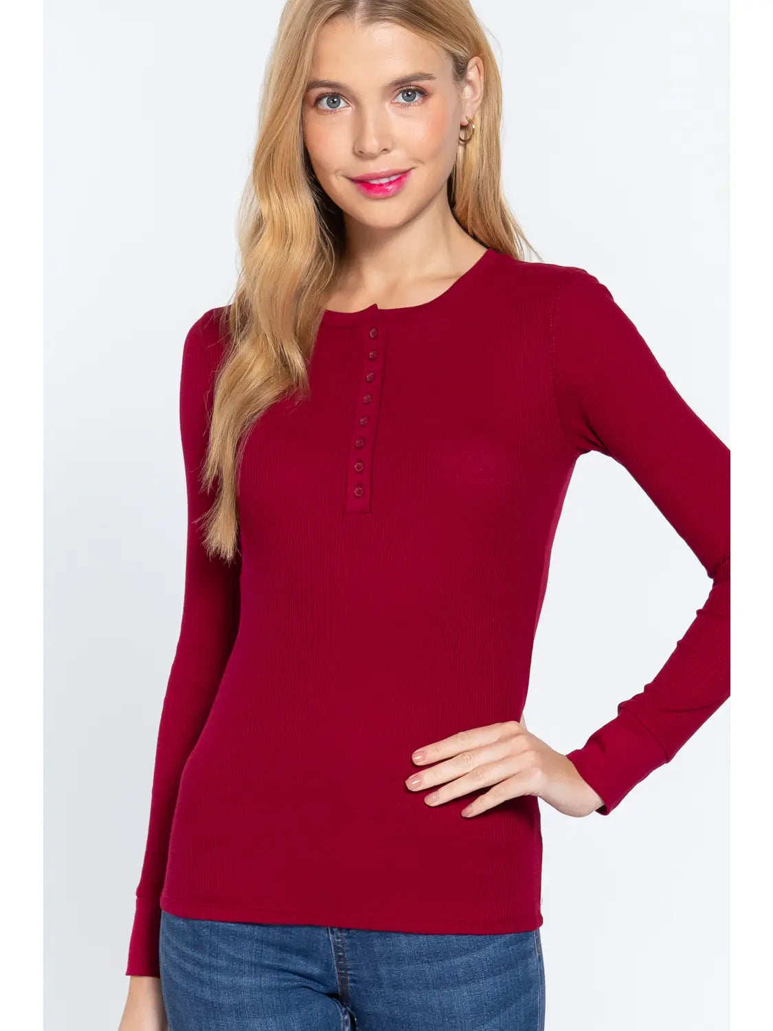 Long Sleeve Henley Thermal Knit Top