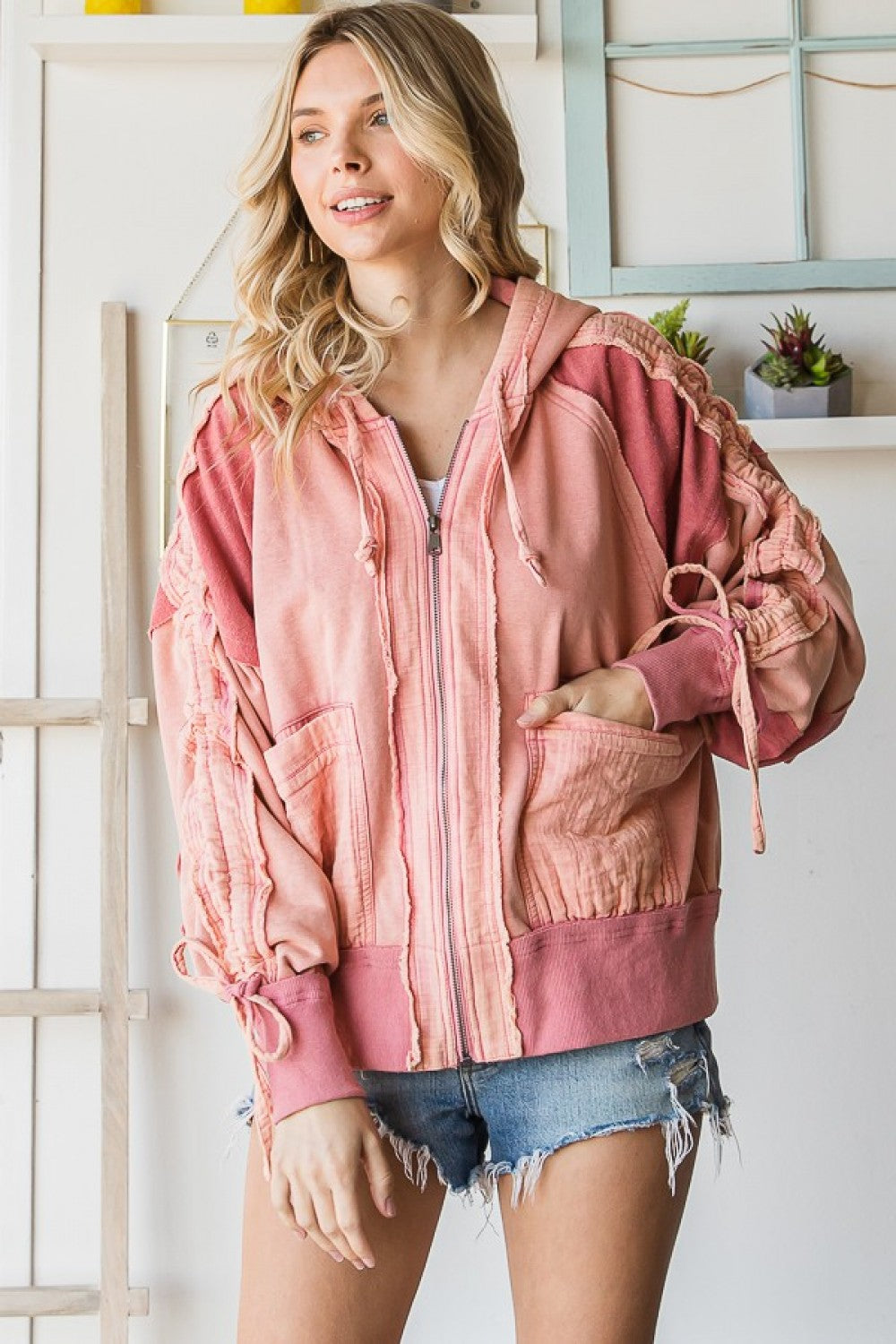 Washed Fabric Mixed Cinched Sleeve Jacket