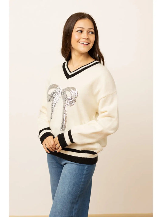 Silver Sequin Bow Sweater: Cream & Black Chic