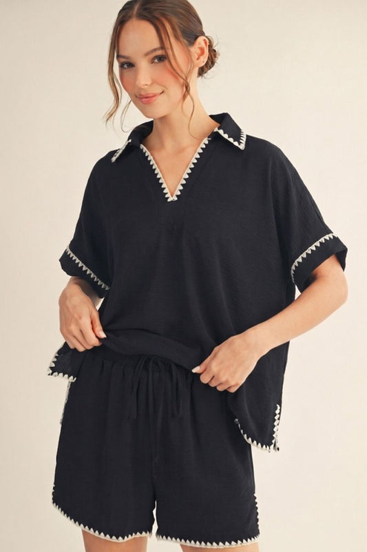 Scallop Embroidery V-Neck