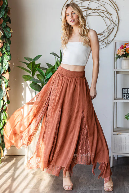 Chiffon Lace Mixed A-Line Midi Skirt