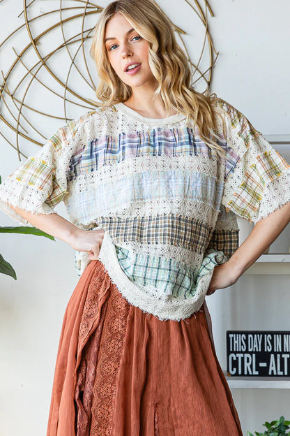 Washed Lace Plaid Knit Top