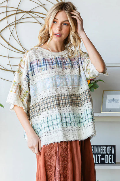 Washed Lace Plaid Knit Top