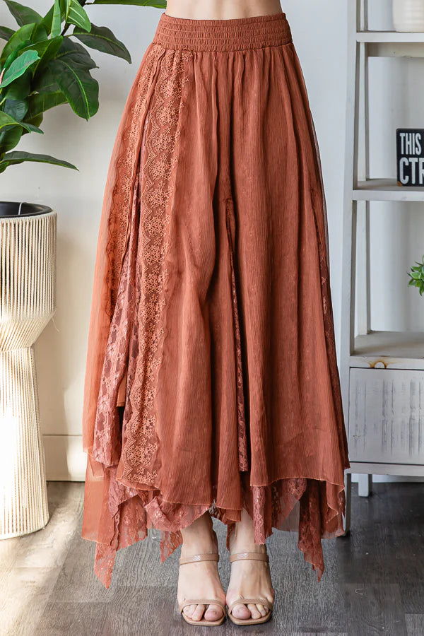 Chiffon Lace Mixed A-Line Midi Skirt