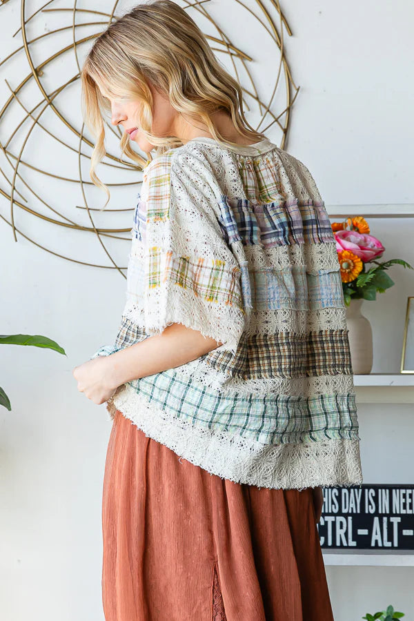 Washed Lace Plaid Knit Top