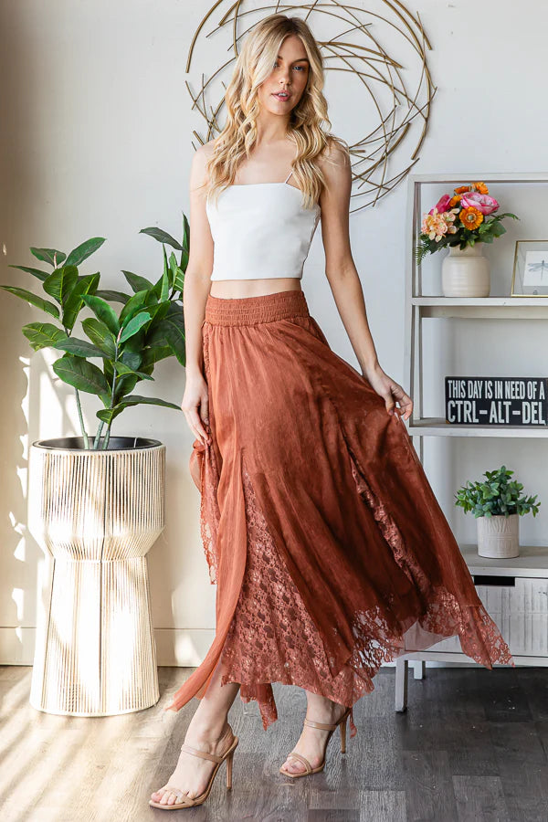 Chiffon Lace Mixed A-Line Midi Skirt